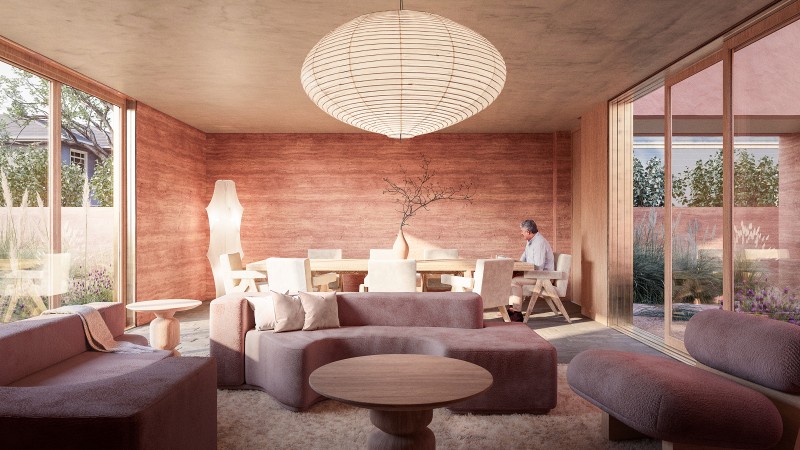 The Living room has an outdoor feel, set apart from the rest of the house. With sliding glass doors that pocket into the walls, it becomes a dedicated space for gathering and entertainment.