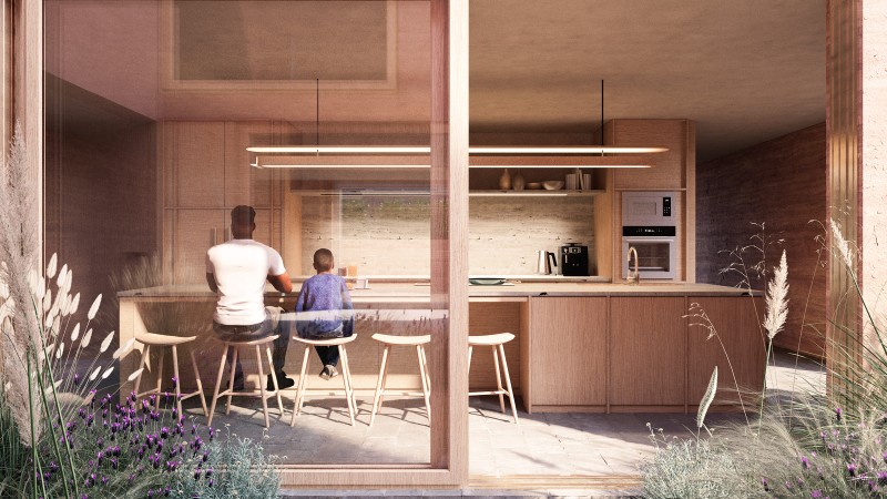 The kitchen is positioned at the heart of the home, with a private, open garden mediating between it and the living room. 
