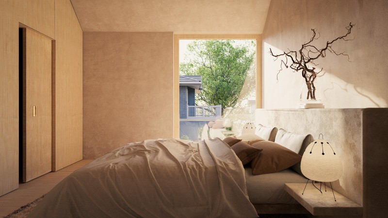 Smooth stucco fire-rated and metal-framed walls wrap the upper floor, light and airy, where the rhythms of daily life unfold.
